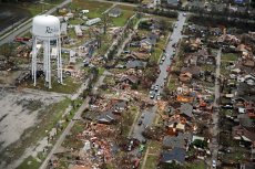 An aerial image taken Sunday, December 27, 2015 shows the path of a tornado in Rowlett, Texas. Violent storms ripped through the North Texas area late Saturday, spawning tornados that killed 11 people. (G.J. McCarthy/The Dallas Morning News)