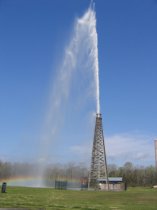 Spindletop's recreated gusher, that spewed 100, 000 gallons of crude into the air in 1901 and made Beaumont Texas a rich town.